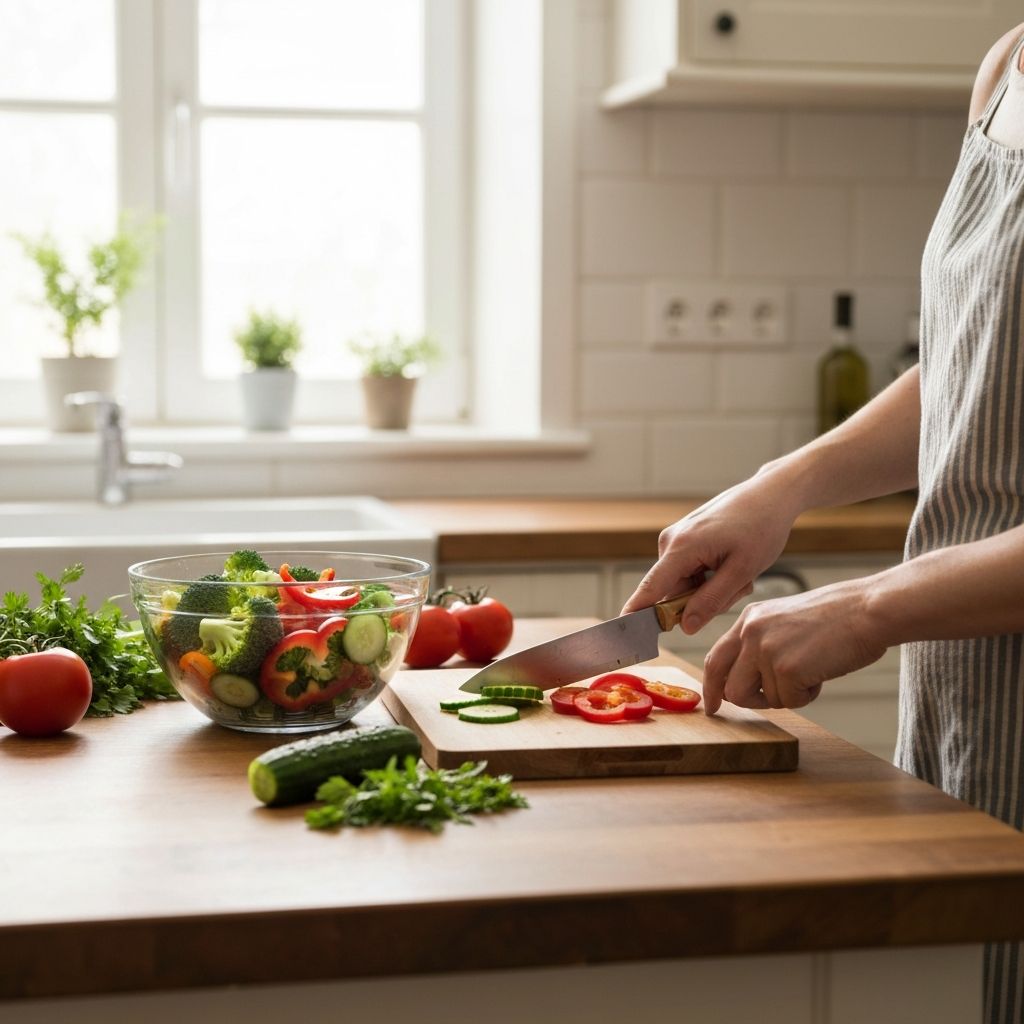 Hands preparing a simple fresh lunch at a kitchen counter